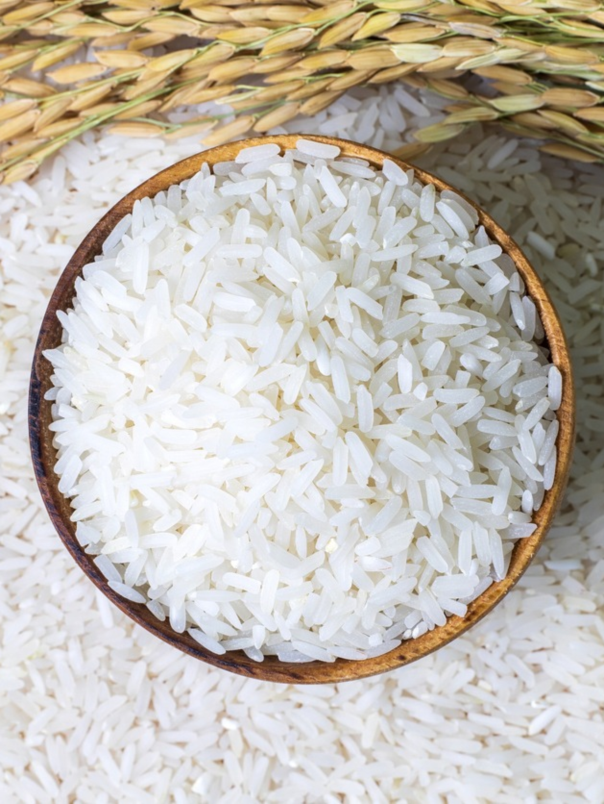 Rice in wooden bowl on rice and  rice ears background, Natural food high in protein.