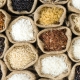 Top view Thai's rice collection in burlap bag