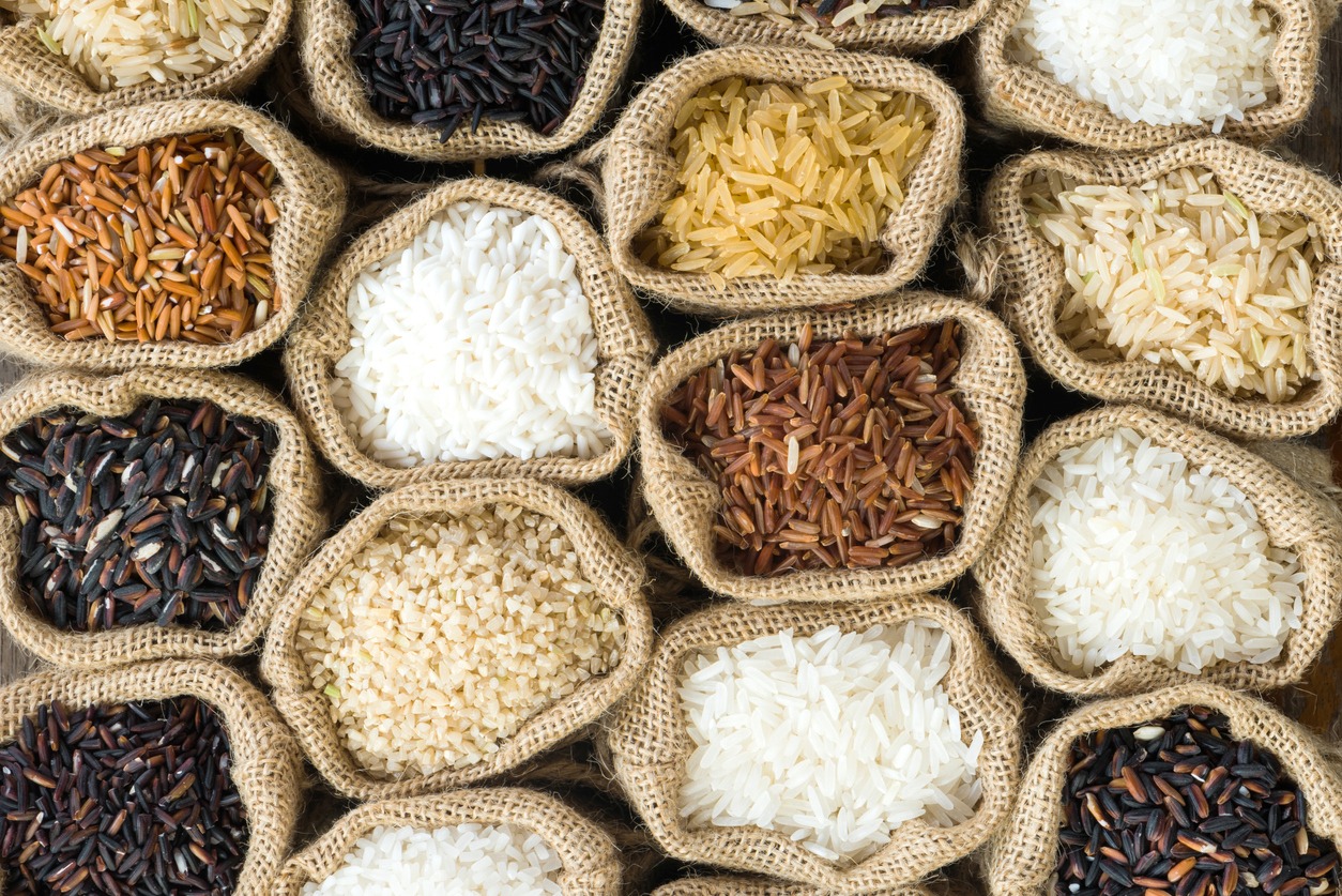 Top view Thai's rice collection in burlap bag