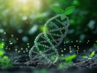 Concept of green biotechnology or synthetic biology, graphic of plant with DNA