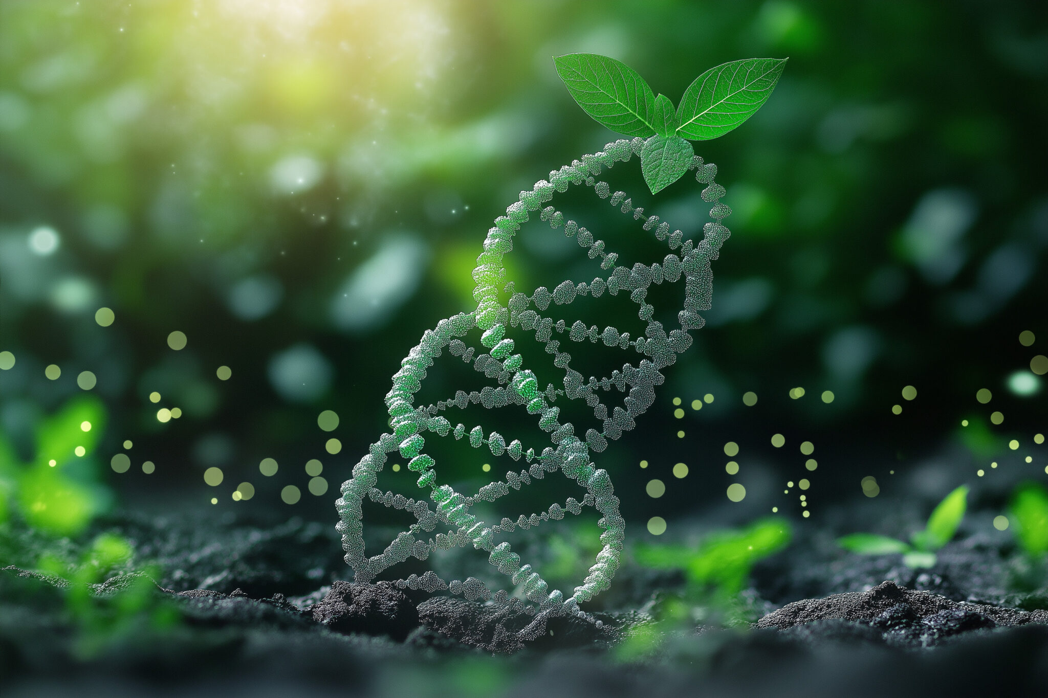 Concept of green biotechnology or synthetic biology, graphic of plant with DNA