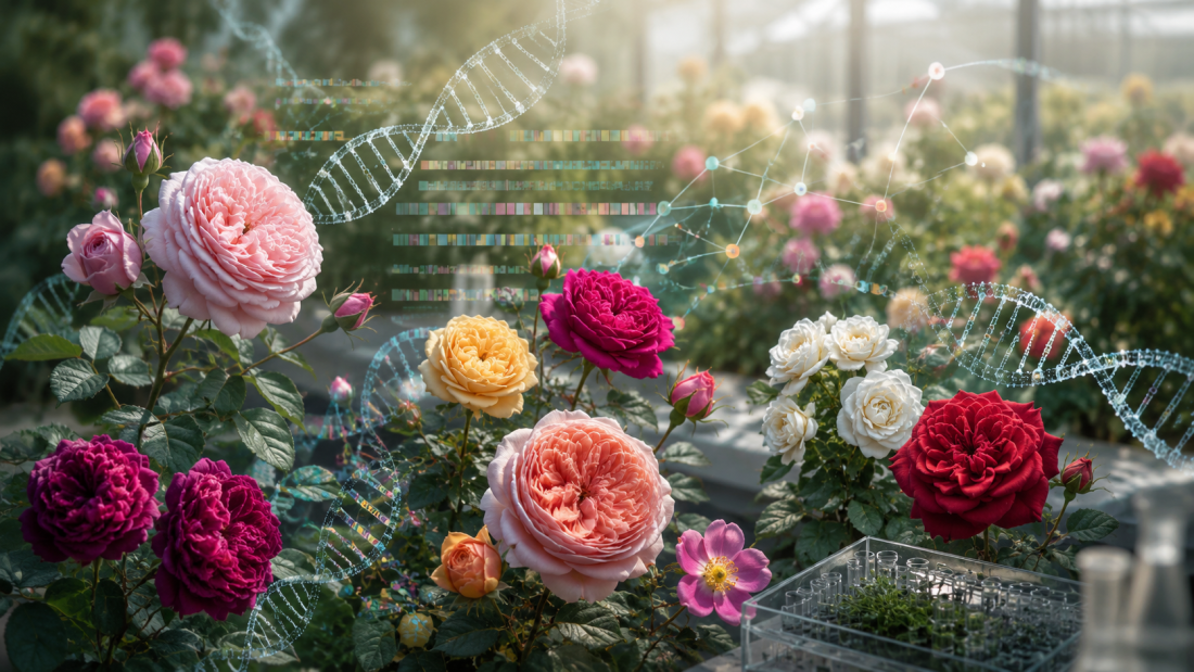 Rosas de distintos colores integradas con representaciones de ADN y mapas genómicos que simbolizan el primer pangenoma del rosal.