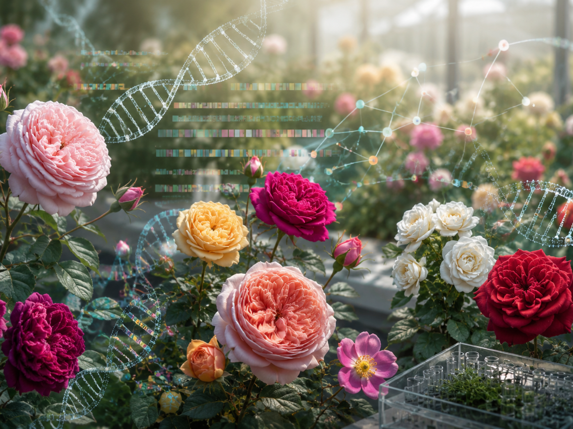 Rosas de distintos colores integradas con representaciones de ADN y mapas genómicos que simbolizan el primer pangenoma del rosal.