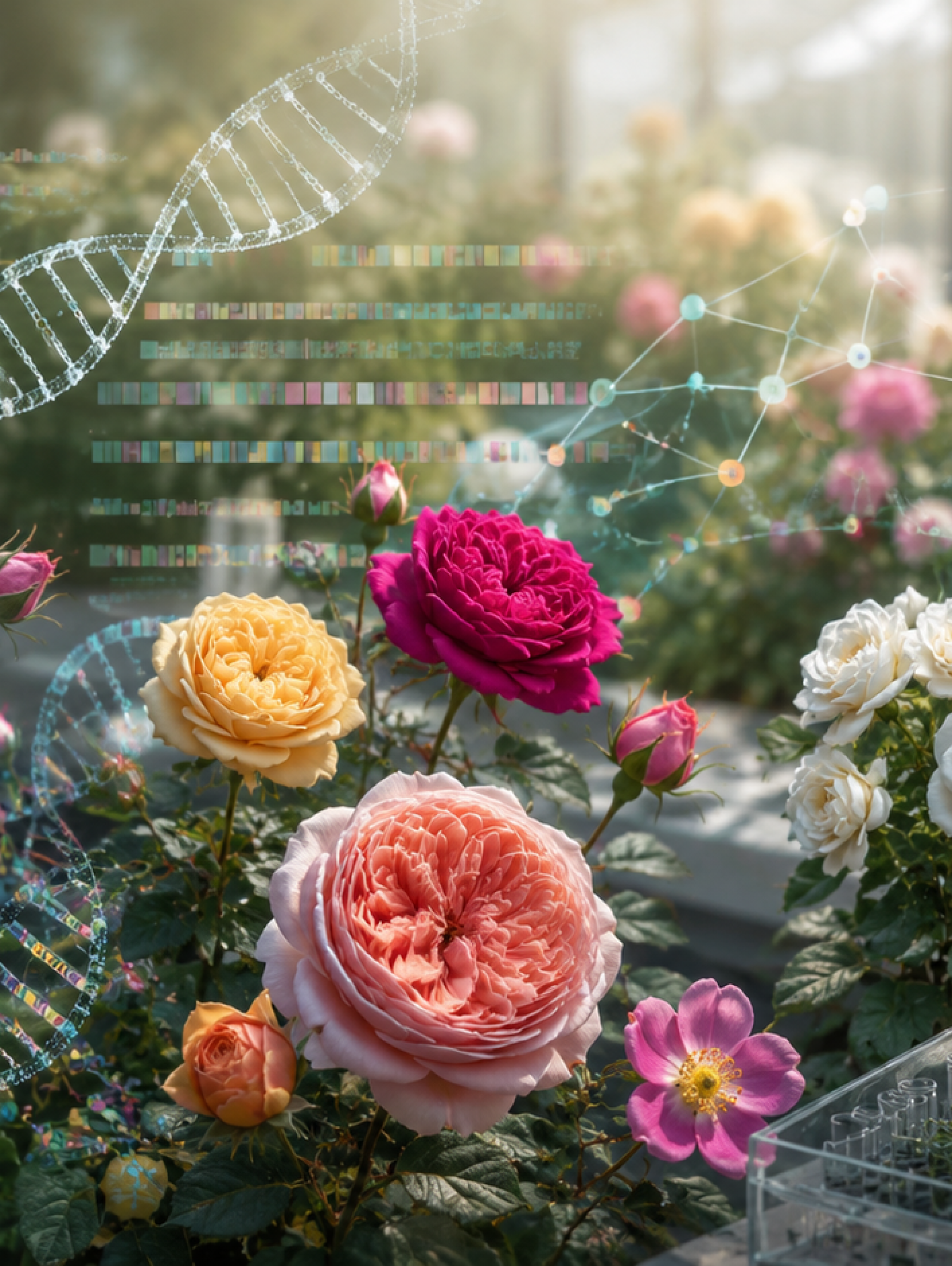 Rosas de distintos colores integradas con representaciones de ADN y mapas genómicos que simbolizan el primer pangenoma del rosal.