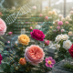 Rosas de distintos colores integradas con representaciones de ADN y mapas genómicos que simbolizan el primer pangenoma del rosal.