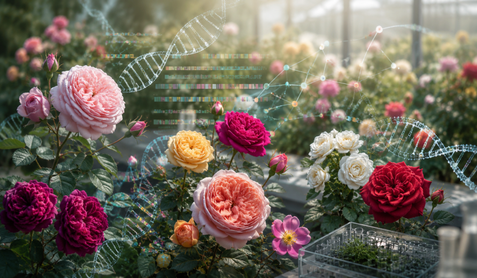 Rosas de distintos colores integradas con representaciones de ADN y mapas genómicos que simbolizan el primer pangenoma del rosal.