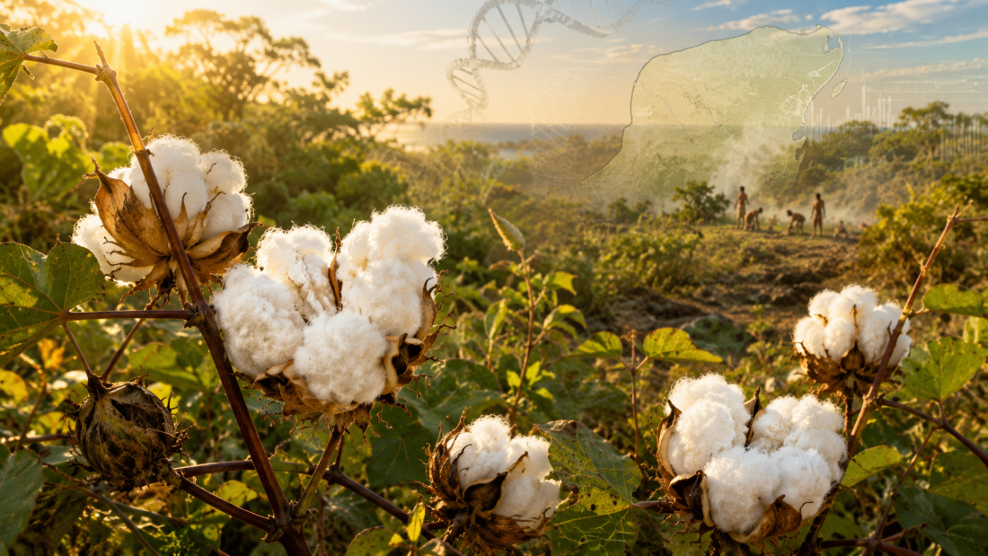 Plantas de algodón con fibras blancas en primer plano, integradas con elementos visuales de ADN y un paisaje inspirado en Yucatán.
