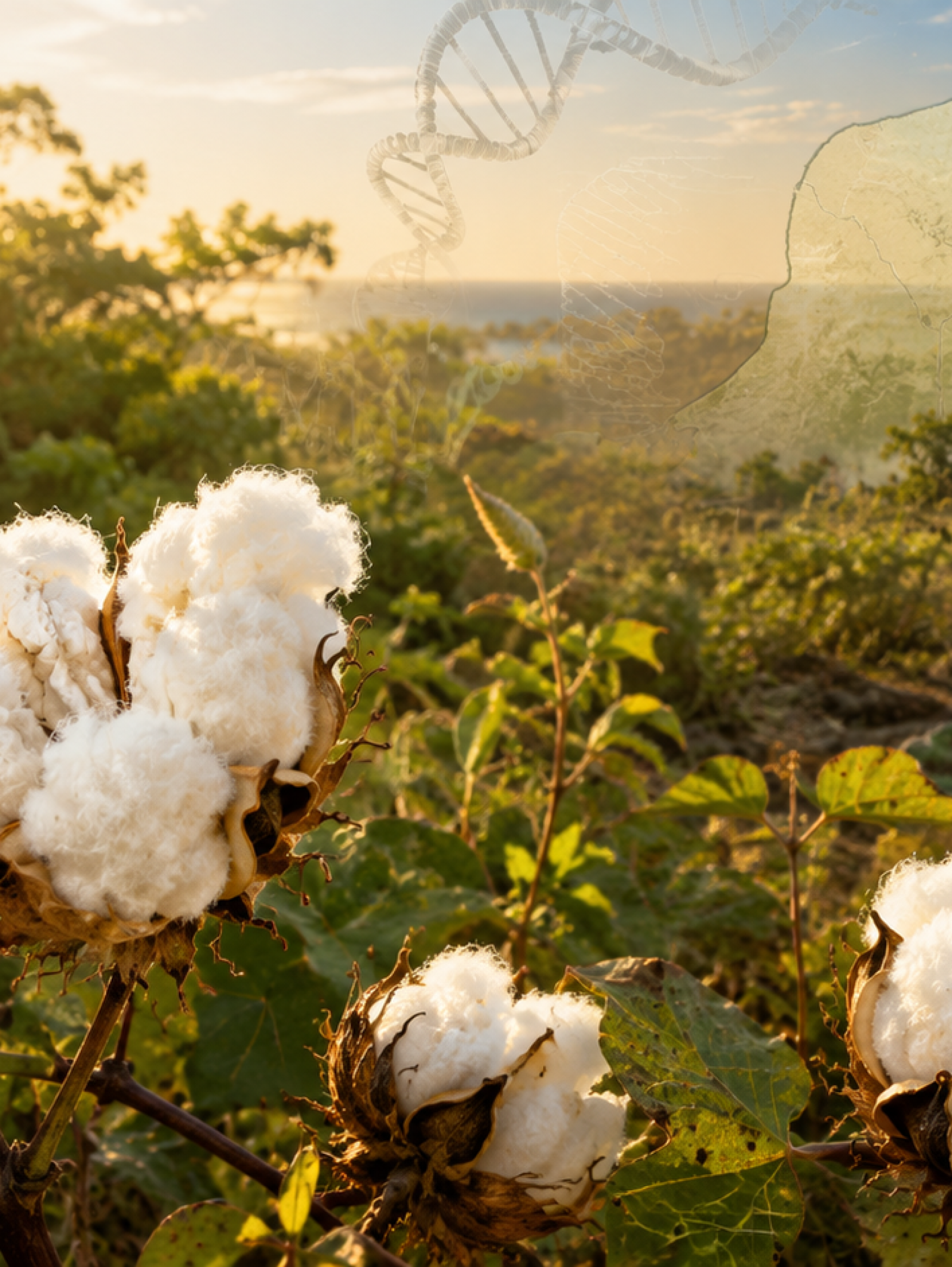Plantas de algodón con fibras blancas en primer plano, integradas con elementos visuales de ADN y un paisaje inspirado en Yucatán.