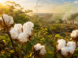 Plantas de algodón con fibras blancas en primer plano, integradas con elementos visuales de ADN y un paisaje inspirado en Yucatán.