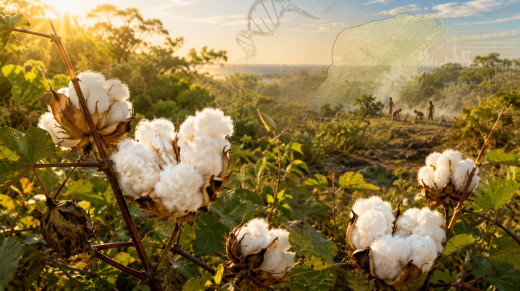 Plantas de algodón con fibras blancas en primer plano, integradas con elementos visuales de ADN y un paisaje inspirado en Yucatán.