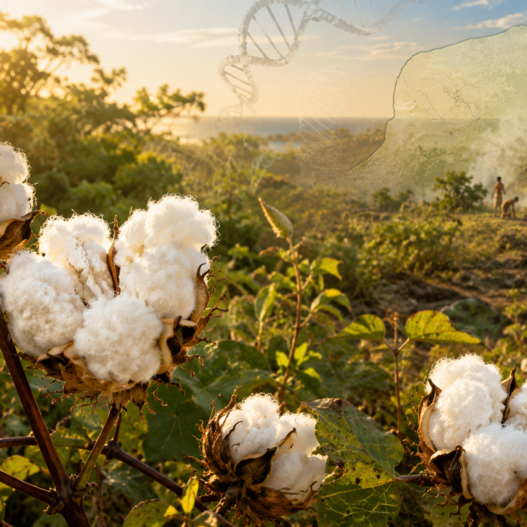 Plantas de algodón con fibras blancas en primer plano, integradas con elementos visuales de ADN y un paisaje inspirado en Yucatán.