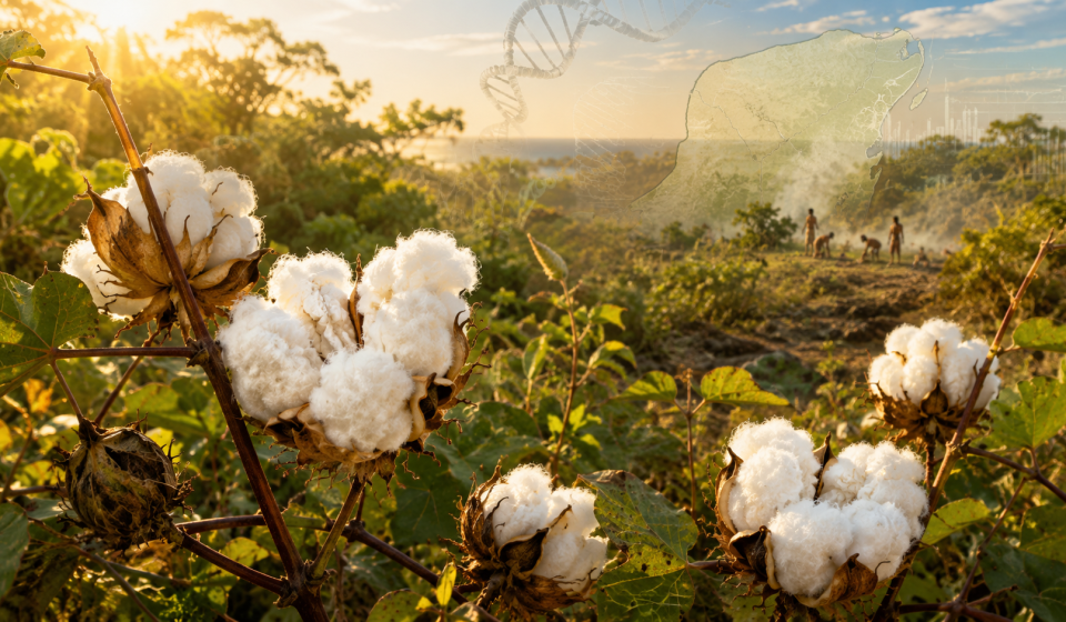 Plantas de algodón con fibras blancas en primer plano, integradas con elementos visuales de ADN y un paisaje inspirado en Yucatán.