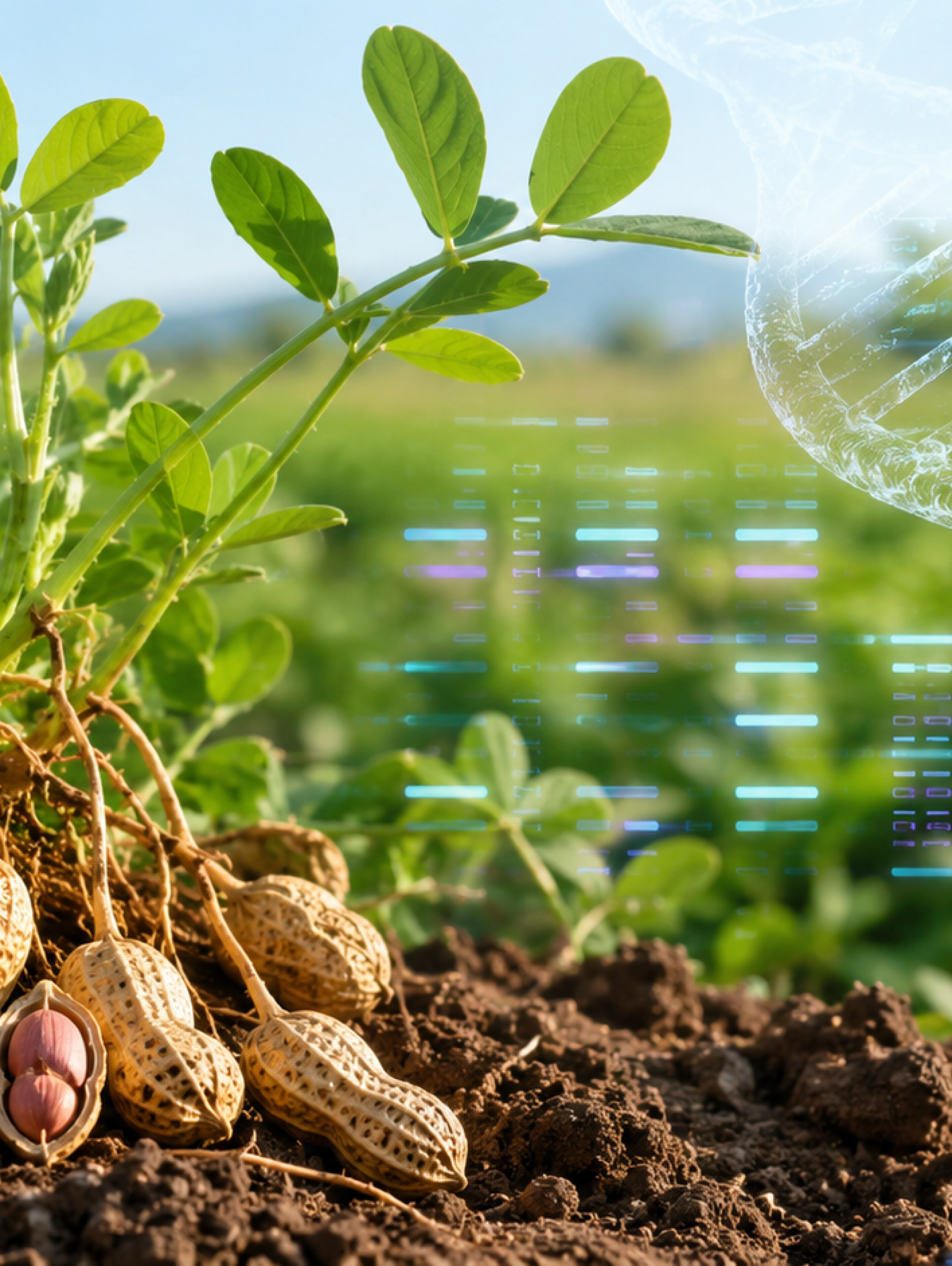 Plantas y semillas de maní representadas junto a una doble hélice de ADN como símbolo de investigación genómica agrícola.