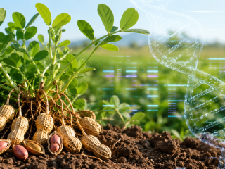 Plantas y semillas de maní representadas junto a una doble hélice de ADN como símbolo de investigación genómica agrícola.