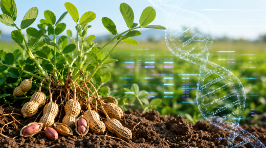 Plantas y semillas de maní representadas junto a una doble hélice de ADN como símbolo de investigación genómica agrícola.
