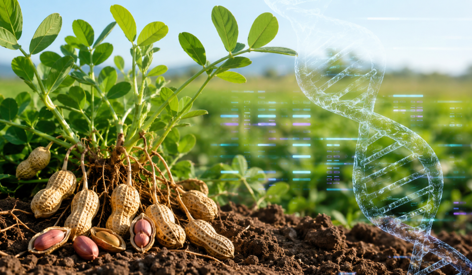 Plantas y semillas de maní representadas junto a una doble hélice de ADN como símbolo de investigación genómica agrícola.