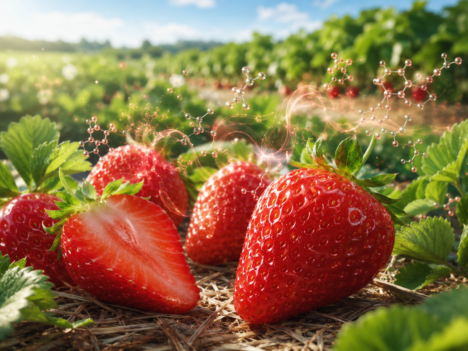 Frutillas rojas maduras junto a una representación visual compuestos asociados al color y aroma del fruto.