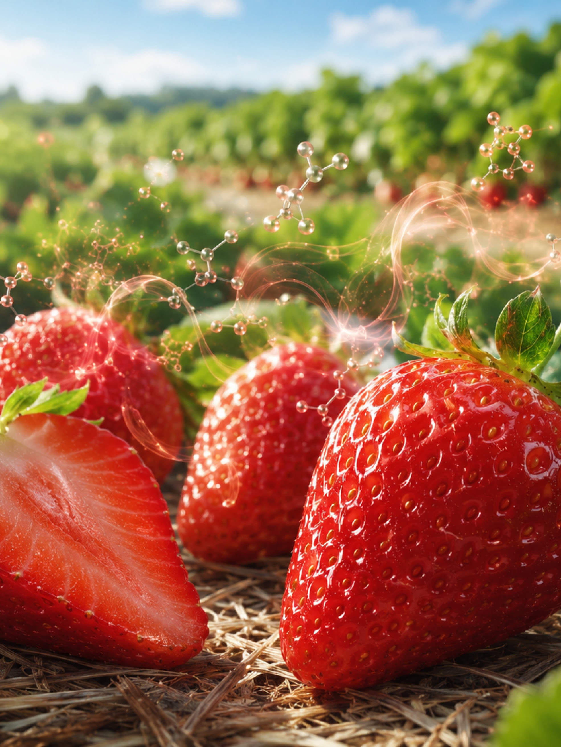 Frutillas rojas maduras junto a una representación visual compuestos asociados al color y aroma del fruto.