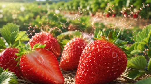 Frutillas rojas maduras junto a una representación visual compuestos asociados al color y aroma del fruto.