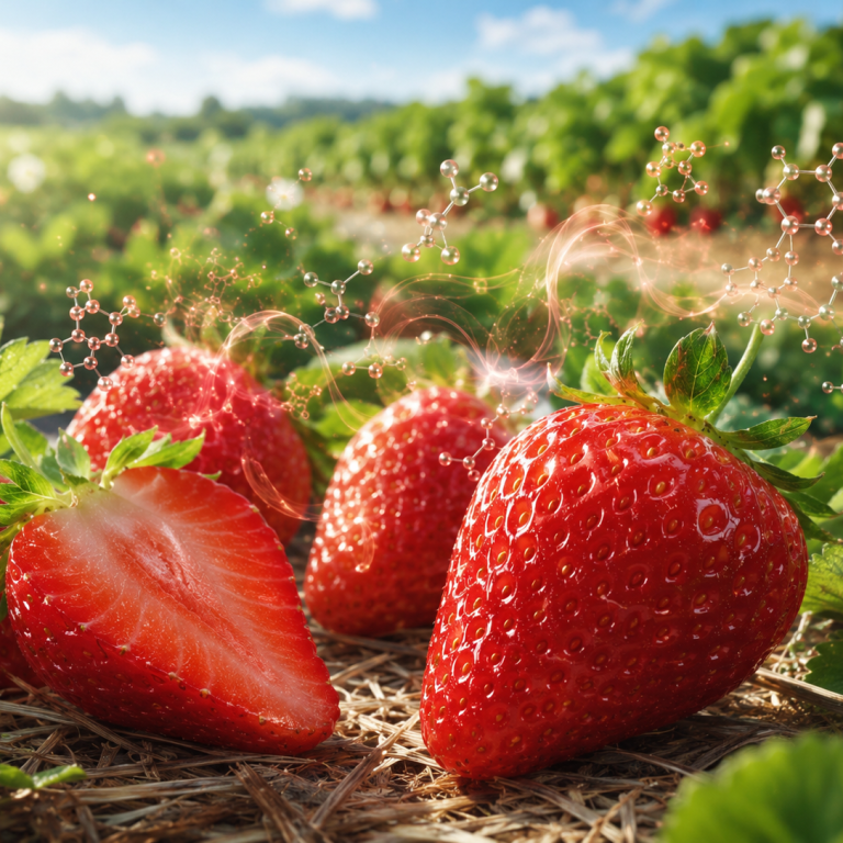 Frutillas rojas maduras junto a una representación visual compuestos asociados al color y aroma del fruto.