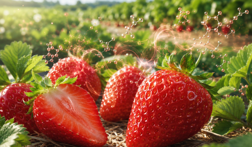 Frutillas rojas maduras junto a una representación visual compuestos asociados al color y aroma del fruto.