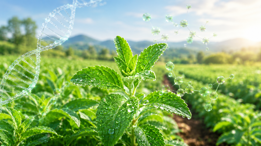 Planta de stevia en un campo agrícola con una doble hélice de ADN y moléculas asociadas a su dulzor natural.