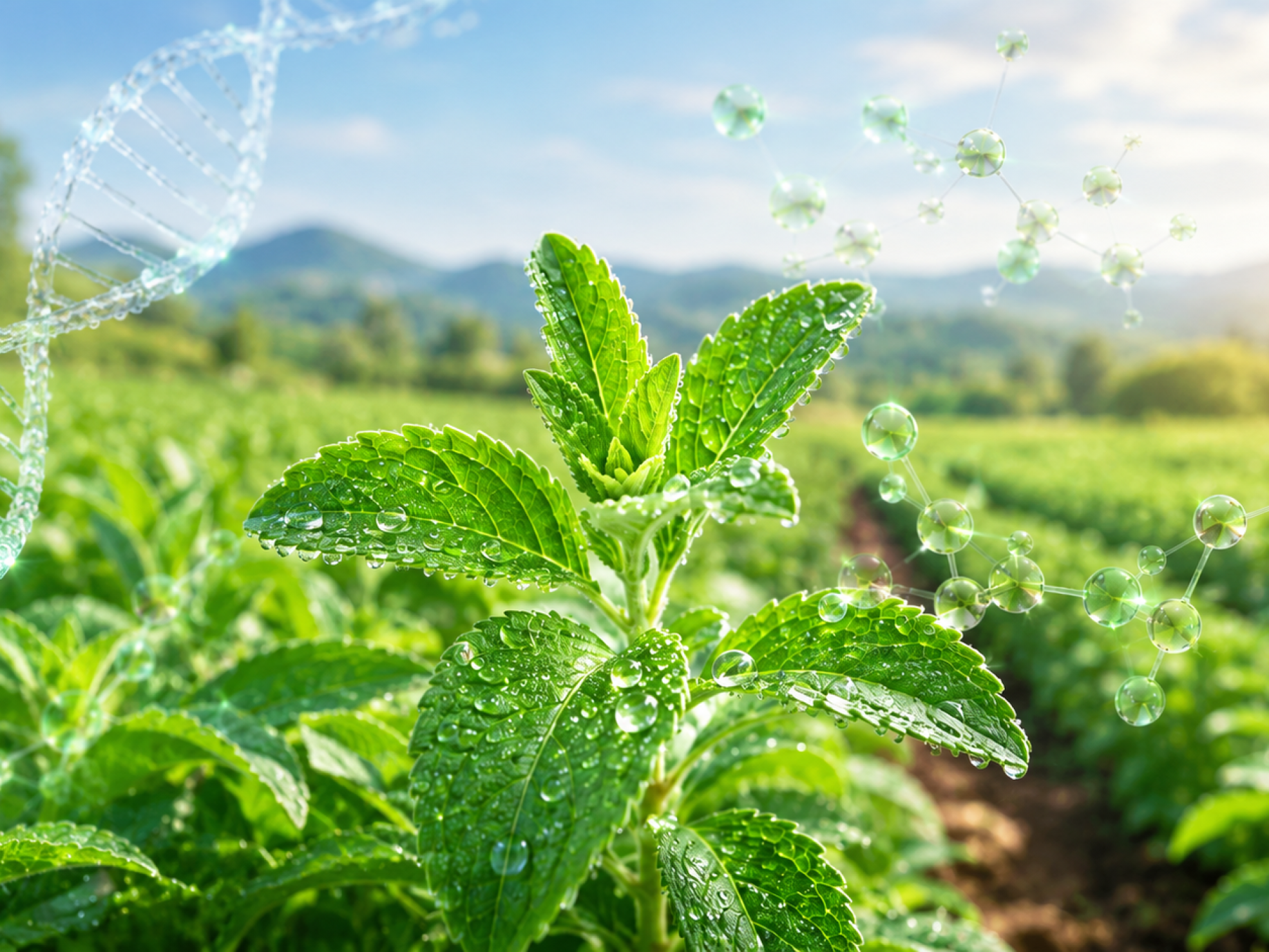 Planta de stevia en un campo agrícola con una doble hélice de ADN y moléculas asociadas a su dulzor natural.