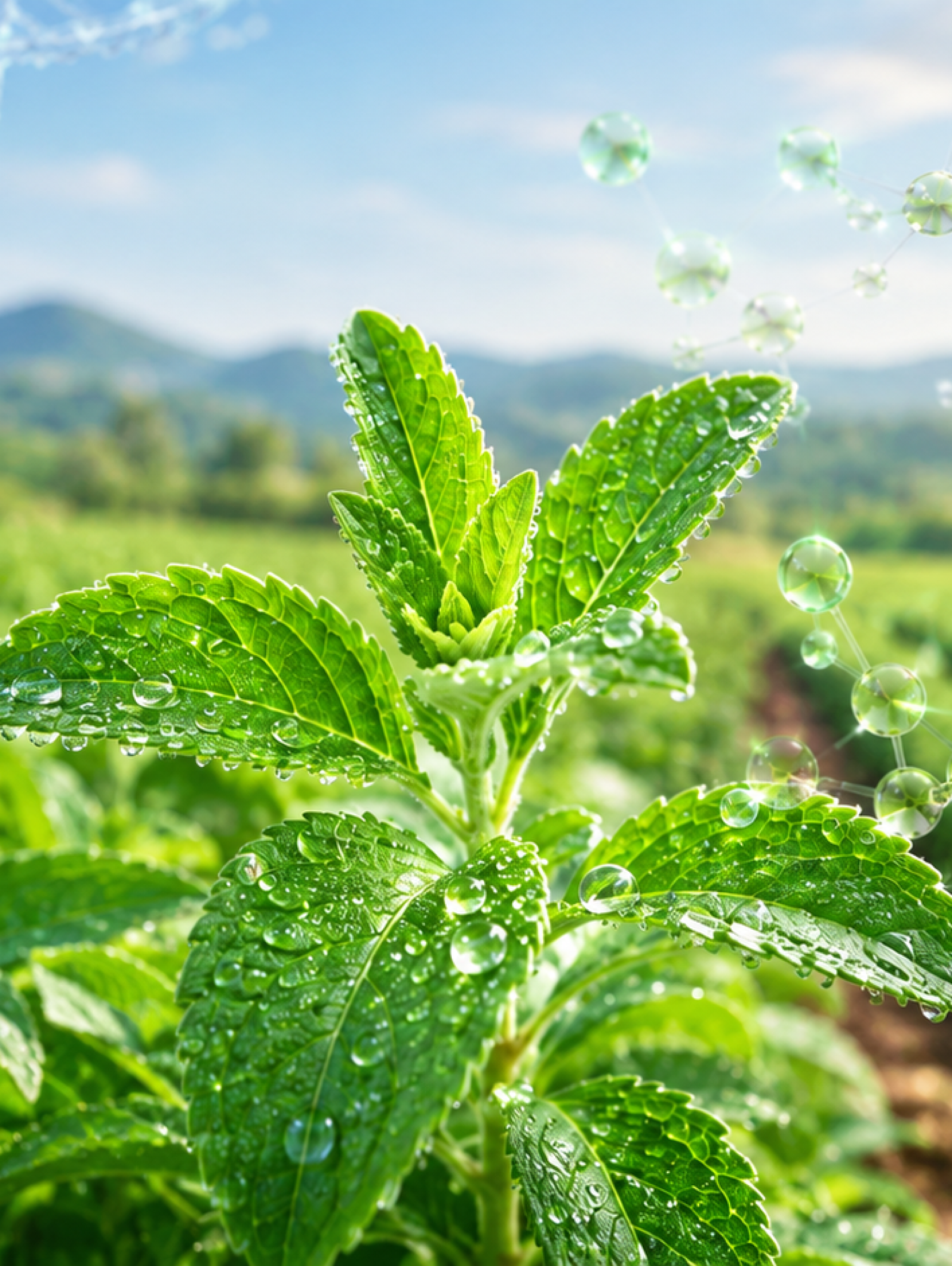 Planta de stevia en un campo agrícola con una doble hélice de ADN y moléculas asociadas a su dulzor natural.