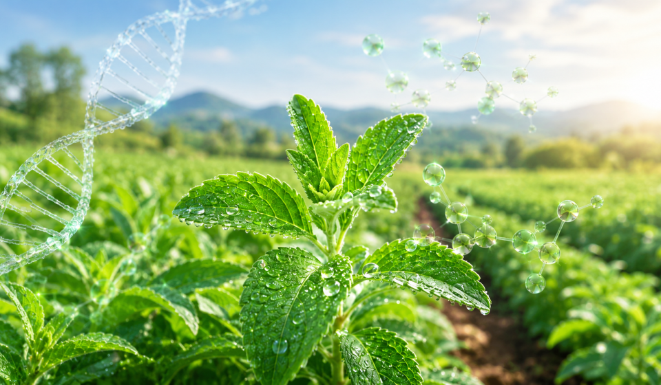 Planta de stevia en un campo agrícola con una doble hélice de ADN y moléculas asociadas a su dulzor natural.