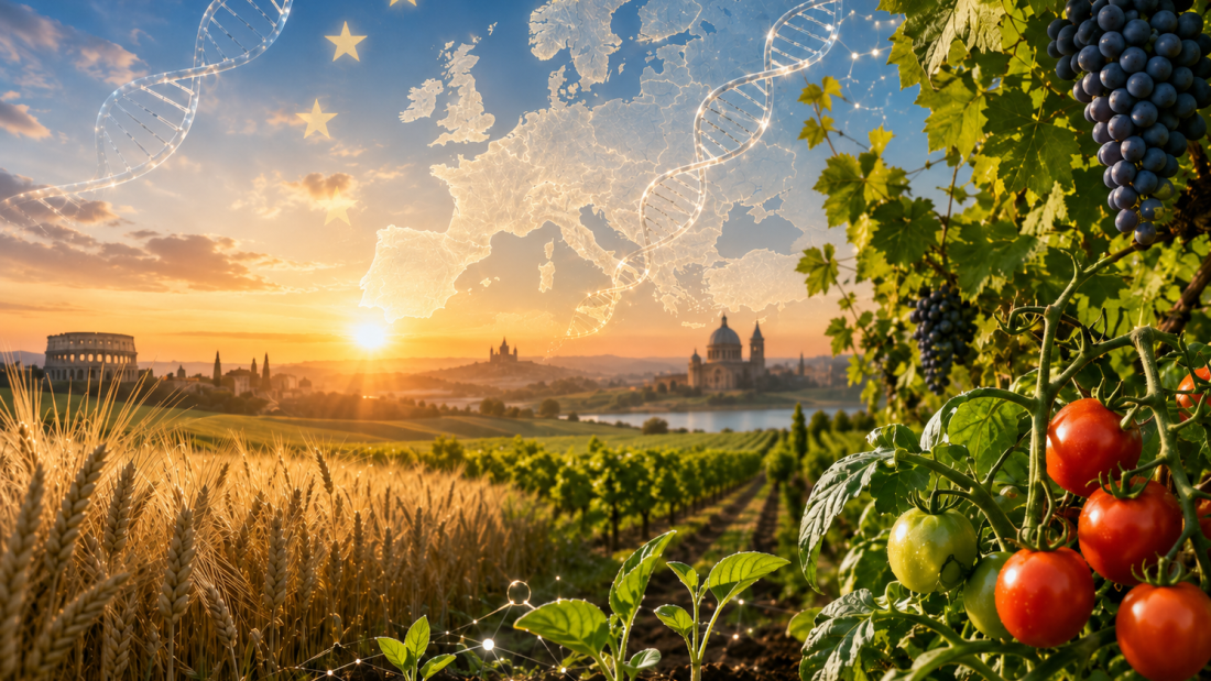 Campo agrícola europeo con cultivos y hebras de ADN translúcidas que representan el avance de las Nuevas Técnicas Genómicas y la edición genética vegetal.