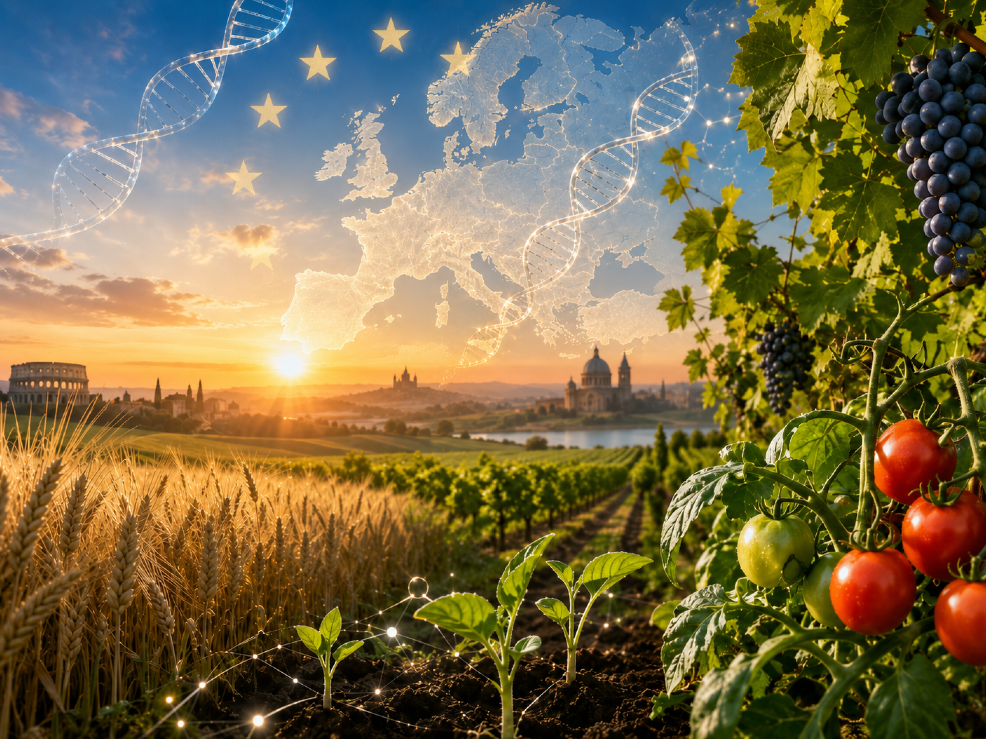 Campo agrícola europeo con cultivos y hebras de ADN translúcidas que representan el avance de las Nuevas Técnicas Genómicas y la edición genética vegetal.