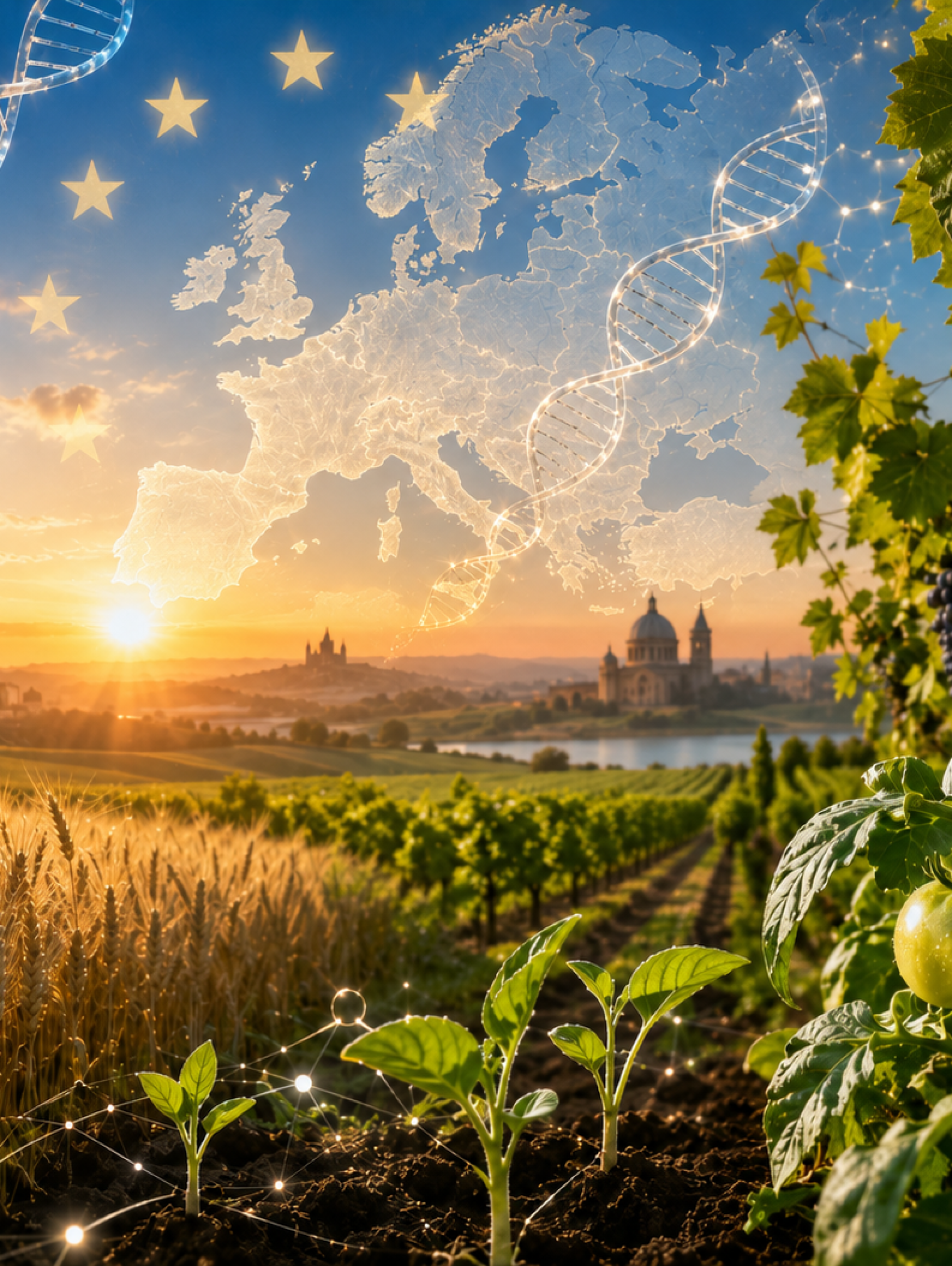 Campo agrícola europeo con cultivos y hebras de ADN translúcidas que representan el avance de las Nuevas Técnicas Genómicas y la edición genética vegetal.