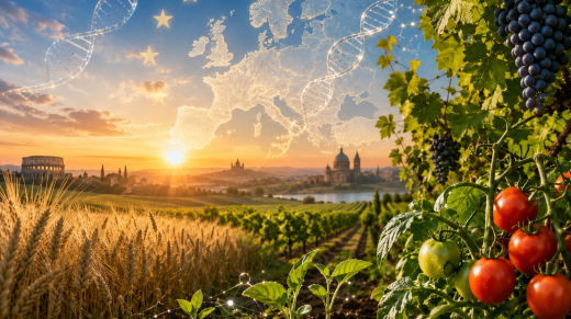 Campo agrícola europeo con cultivos y hebras de ADN translúcidas que representan el avance de las Nuevas Técnicas Genómicas y la edición genética vegetal.