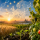 Campo agrícola europeo con cultivos y hebras de ADN translúcidas que representan el avance de las Nuevas Técnicas Genómicas y la edición genética vegetal.