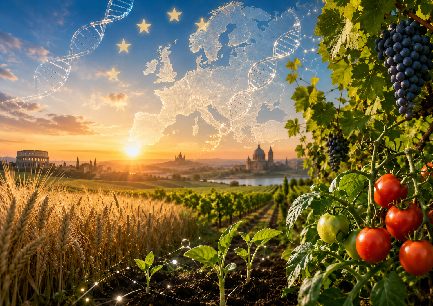 Campo agrícola europeo con cultivos y hebras de ADN translúcidas que representan el avance de las Nuevas Técnicas Genómicas y la edición genética vegetal.