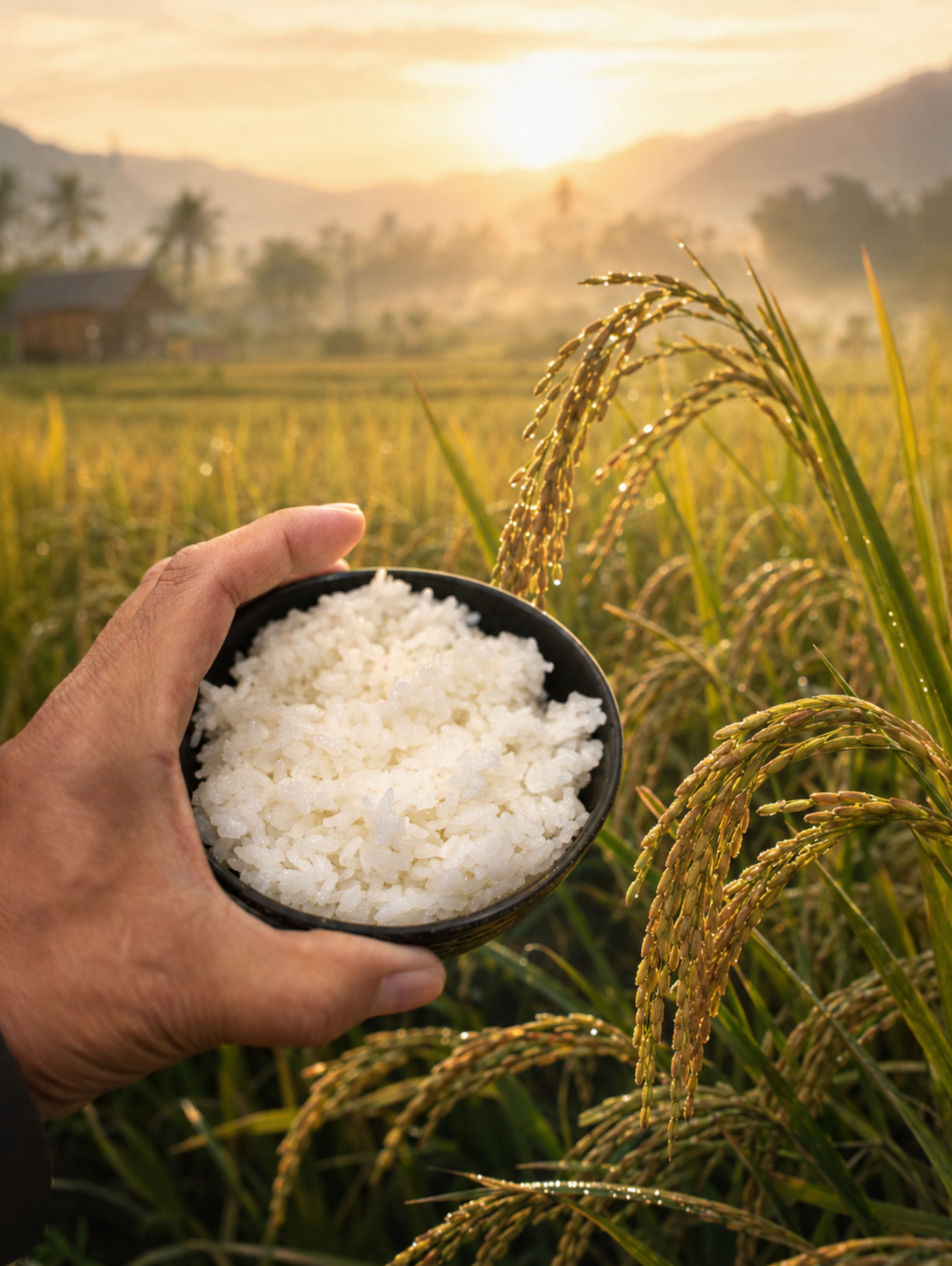 Mano sosteniendo un cuenco de arroz cocido frente a un campo de arroz al amanecer, con espigas maduras iluminadas por la luz dorada.