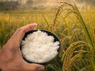 Mano sosteniendo un cuenco de arroz cocido frente a un campo de arroz al amanecer, con espigas maduras iluminadas por la luz dorada.