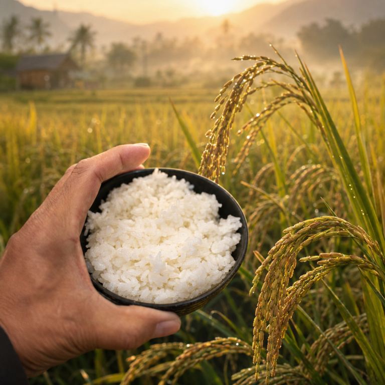Mano sosteniendo un cuenco de arroz cocido frente a un campo de arroz al amanecer, con espigas maduras iluminadas por la luz dorada.