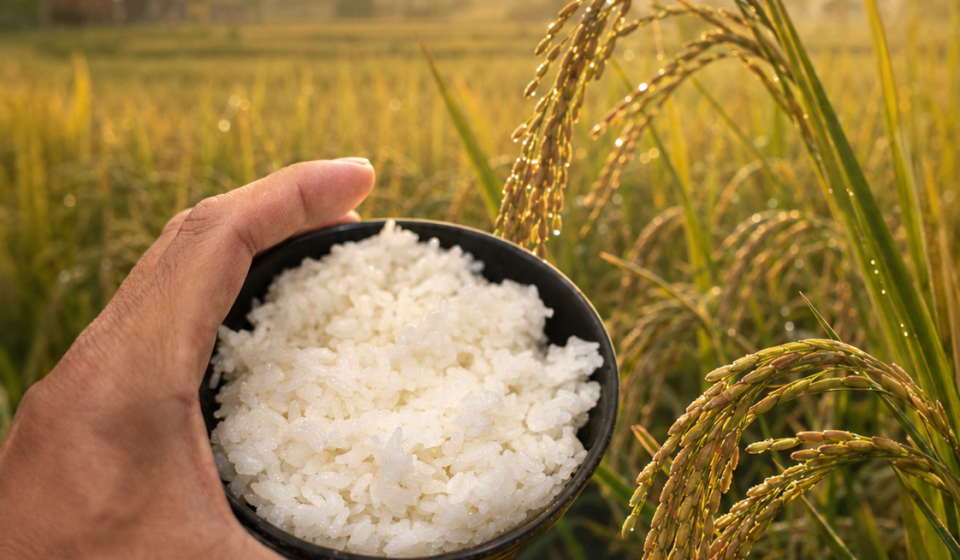 Mano sosteniendo un cuenco de arroz cocido frente a un campo de arroz al amanecer, con espigas maduras iluminadas por la luz dorada.