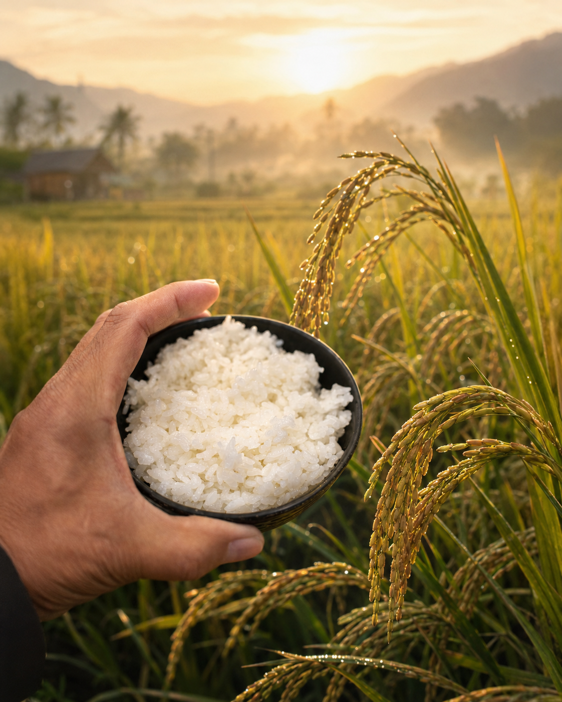 Mano sosteniendo un cuenco de arroz cocido frente a un campo de arroz al amanecer, con espigas maduras iluminadas por la luz dorada.