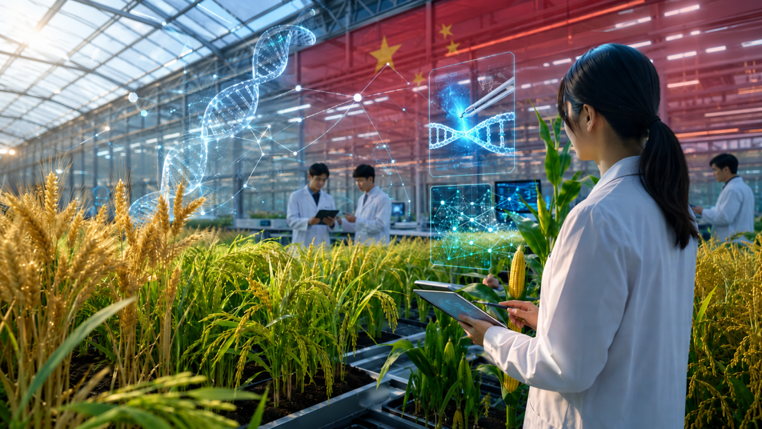 Invernadero tecnológico con cultivos agrícolas, visualizaciones de ADN e inteligencia artificial, representando la apuesta de China por la edición genética y la innovación agrícola.