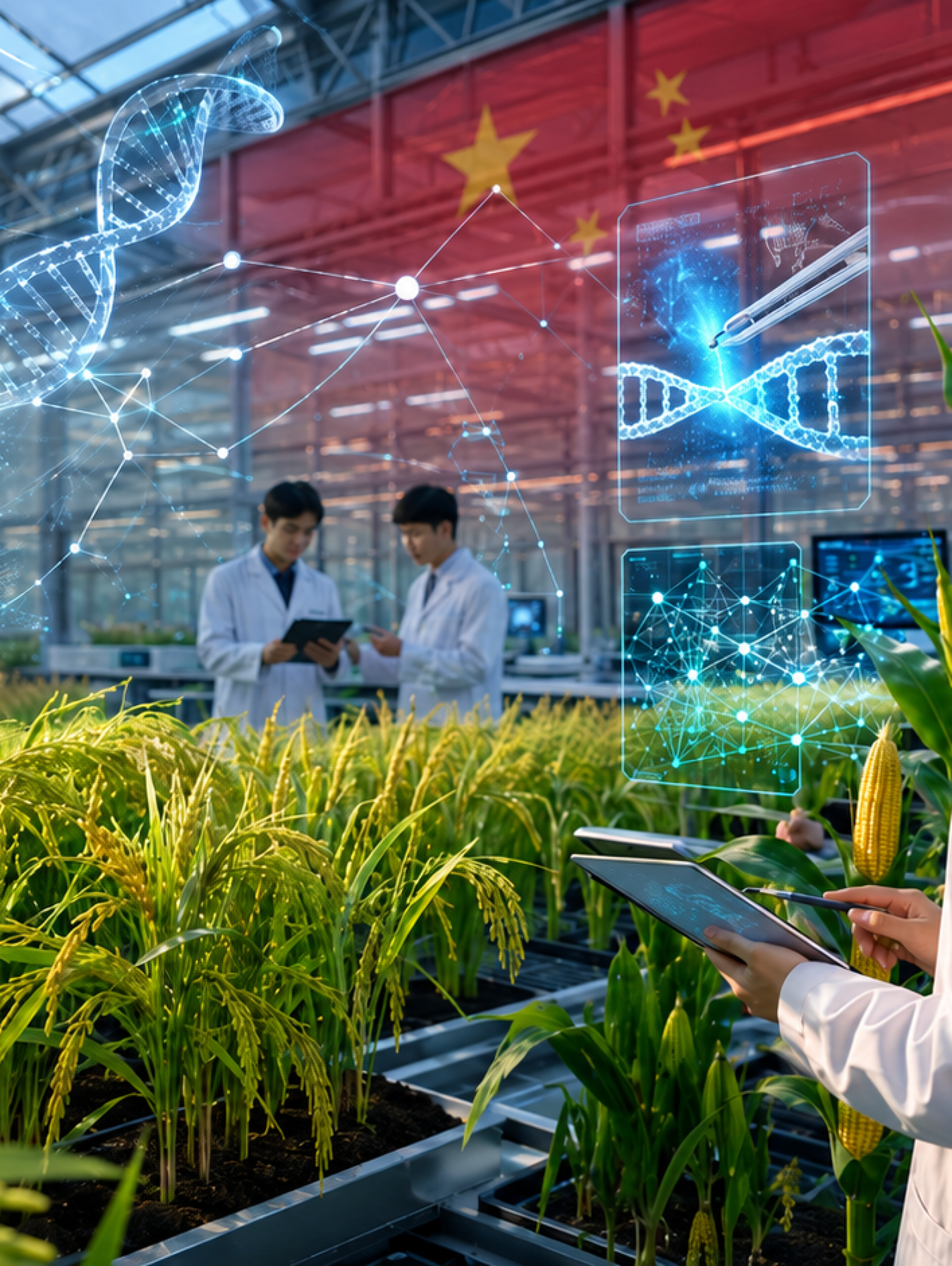 Invernadero tecnológico con cultivos agrícolas, visualizaciones de ADN e inteligencia artificial, representando la apuesta de China por la edición genética y la innovación agrícola.