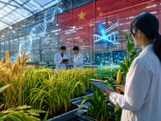 Invernadero tecnológico con cultivos agrícolas, visualizaciones de ADN e inteligencia artificial, representando la apuesta de China por la edición genética y la innovación agrícola.