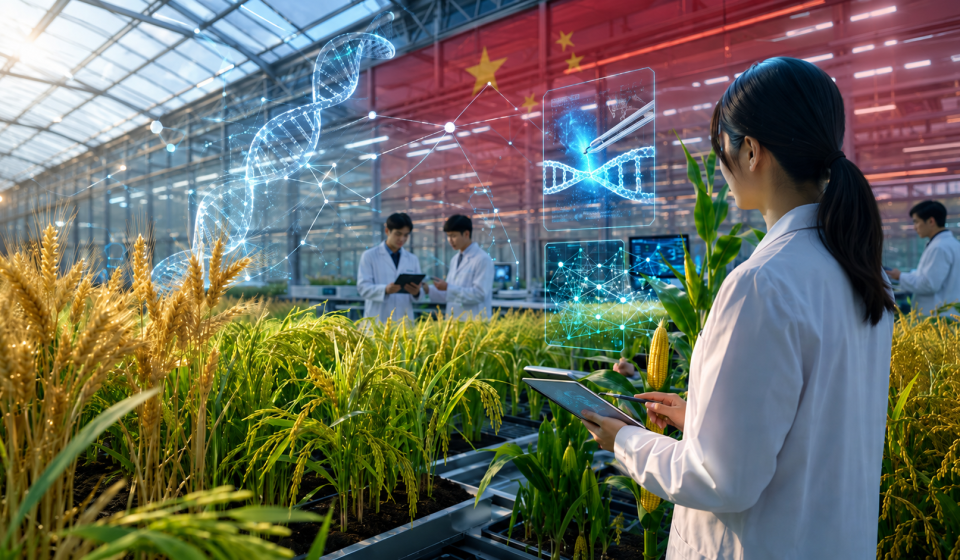 Invernadero tecnológico con cultivos agrícolas, visualizaciones de ADN e inteligencia artificial, representando la apuesta de China por la edición genética y la innovación agrícola.