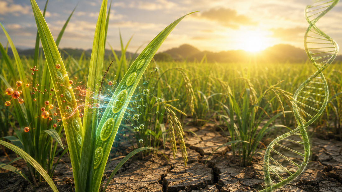 Plantas de arroz verdes bajo sequía con visualización científica de cloroplastos, ADN vegetal y defensa celular frente al estrés hídrico.