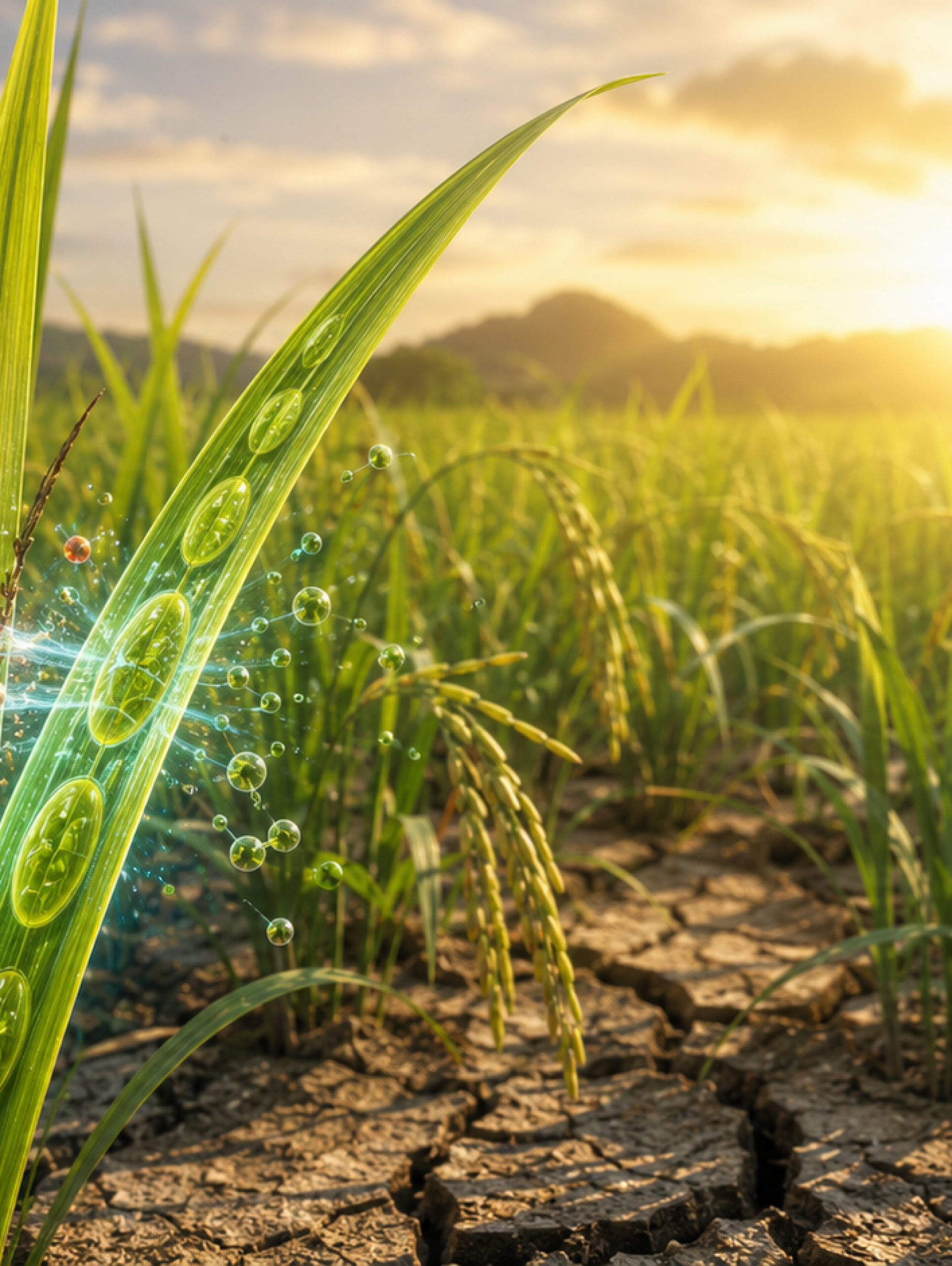 Plantas de arroz verdes bajo sequía con visualización científica de cloroplastos, ADN vegetal y defensa celular frente al estrés hídrico.