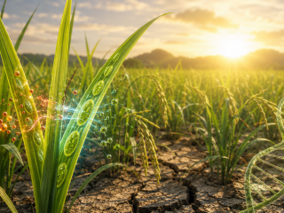 Plantas de arroz verdes bajo sequía con visualización científica de cloroplastos, ADN vegetal y defensa celular frente al estrés hídrico.