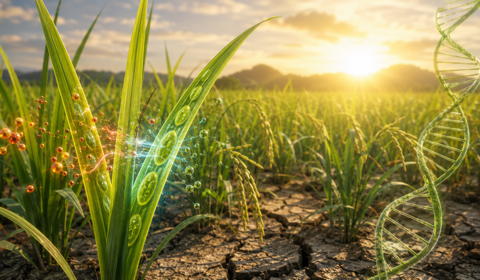 Plantas de arroz verdes bajo sequía con visualización científica de cloroplastos, ADN vegetal y defensa celular frente al estrés hídrico.