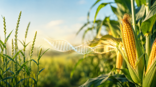 Plantas de maíz y teosinte con granos en primer plano y elementos visuales de ADN que representan genes asociados a mayor proteína.