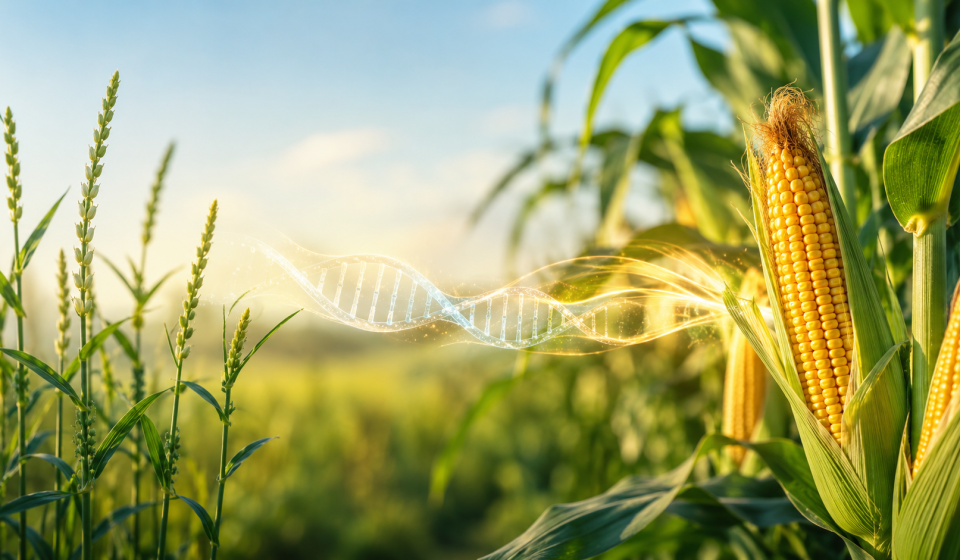 Plantas de maíz y teosinte con granos en primer plano y elementos visuales de ADN que representan genes asociados a mayor proteína.